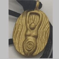eternity goddess gold coloured pendant on thong close up of pendant
