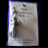 pewter angel pendant holding pink ribbon entitled Faith supporting breast cancer awareness