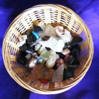 lucky dip basket of small pieces of crystal and minerals