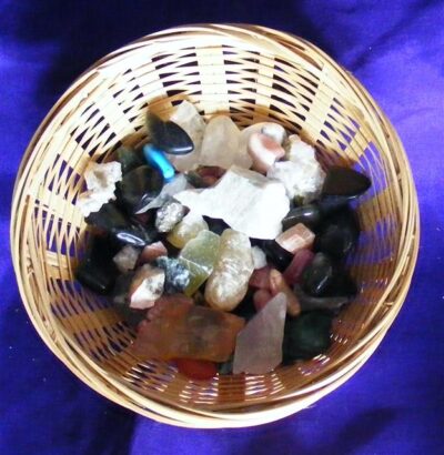 lucky dip basket of small pieces of crystal and minerals