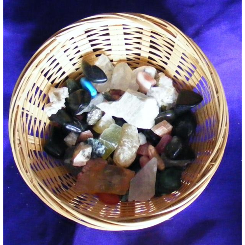 lucky dip basket of small pieces of crystal and minerals
