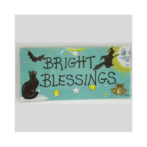 small sign with cat bat witch moon and words bright blessings