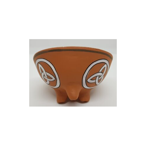terracotta smudge pot side view showing triquetta decoration