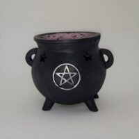 cauldron shaped incense burner with purple colour lid pentagram design assembled