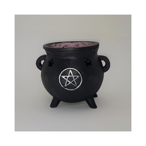 cauldron shaped incense burner with purple colour lid pentagram design assembled