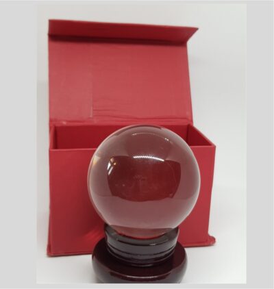 crystal ball on stand in front of box