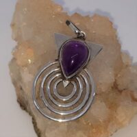silver spiral with triangular top set with teardrop shaped amethyst pendant