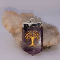 amethyst pointed tongue shape pendant with gold tree of life decoration