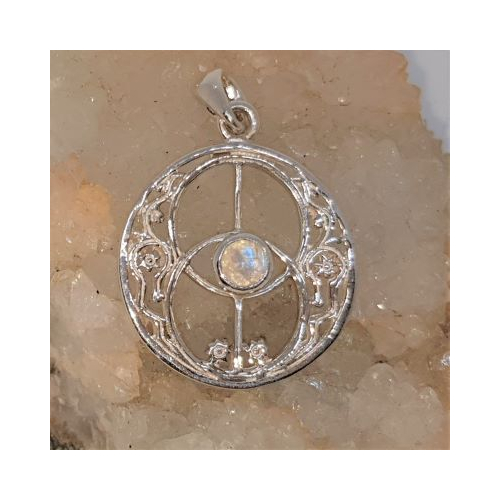silver chalice well pendant with rainbow moonstone
