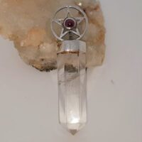 quartz polished faceted point with silver top pentagram with garnet