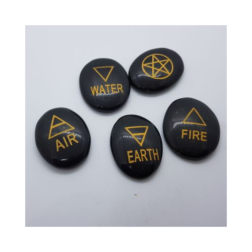 set of black agate pebbles with the elements embossed in gold