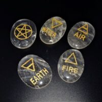 set of clear quartz pebbles with the elements embossed in gold