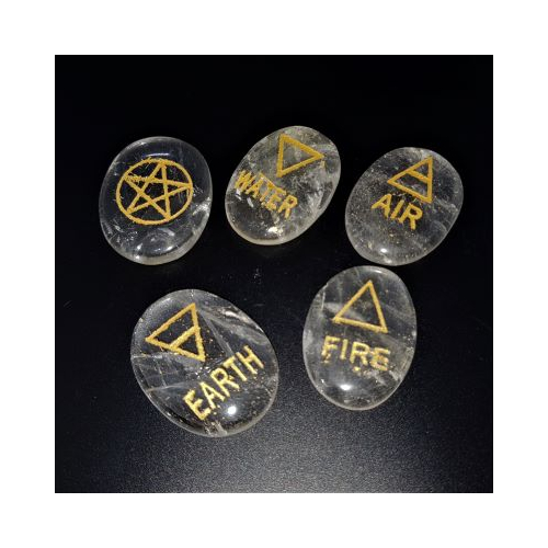 set of clear quartz pebbles with the elements embossed in gold