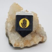 pointed tongue black tourmaline pendant with gold healing hand design
