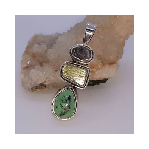 silver pendant with mau sit sit jade, tourmaline and herkimer diamond