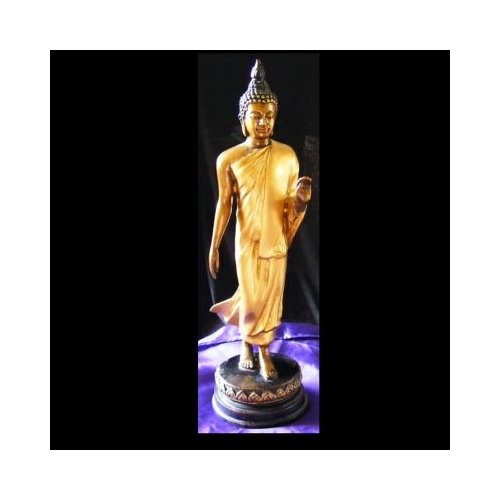 gold coloured walking buddha figure