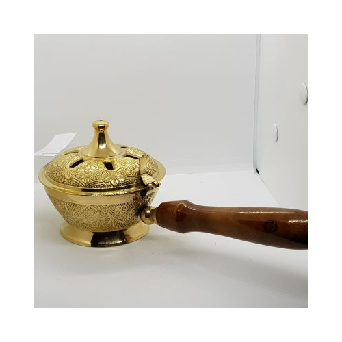 wooden long handled brass lidded incense burner