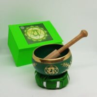 green singing bowl with gold decoration with wooden beater green cushion and box beater in bowl on cushion