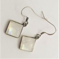 square rainbow moonstone in silver earrings