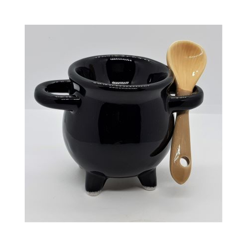 black cauldron shaped egg cup with ceramic spoon
