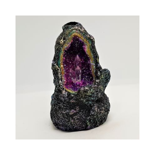 resin crystal cave style backflow incense cone burner with clear crystals lit by LED