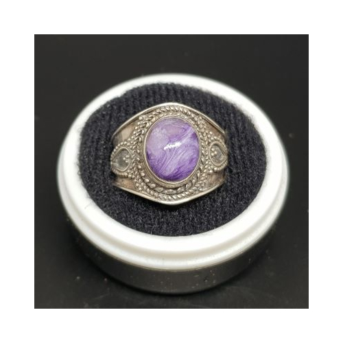 charoite in wide fancy silver setting 1
