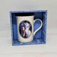 slim ceramic mug with girl and unicorn design in box