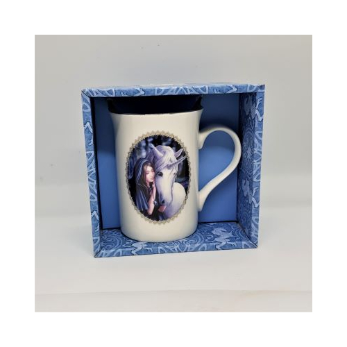 slim ceramic mug with girl and unicorn design in box