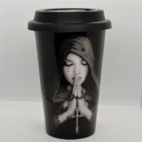 ceramic travel cup with rubber lid woman with hands in prayer position entitled gothic prayer lid on