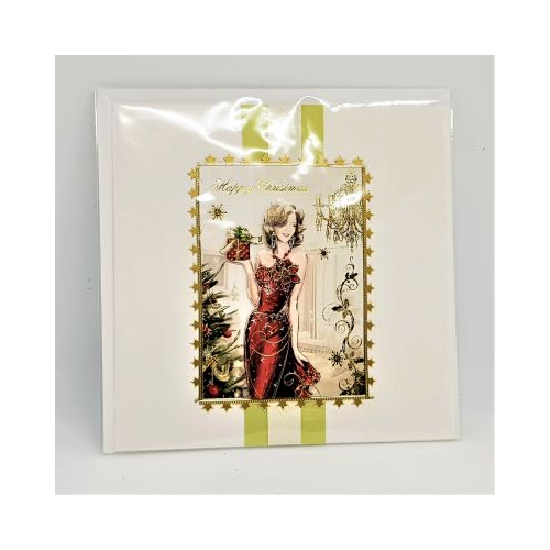 lady in red christmas card hand made
