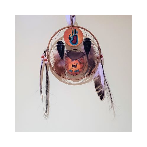mexican shield dreamcatcher with pouch obsidian arrowheads and bear paw disc feathers and horse hair