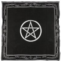 black altar cloth with white pentagram in the centre and fancy edging in white