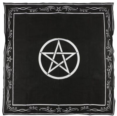 black altar cloth with white pentagram in the centre and fancy edging in white