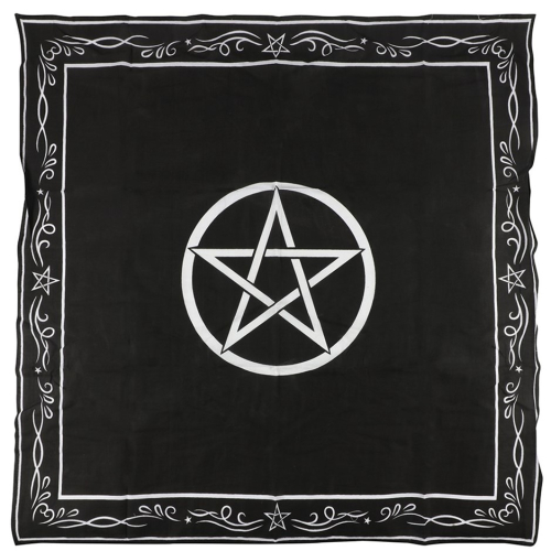 black altar cloth with white pentagram in the centre and fancy edging in white