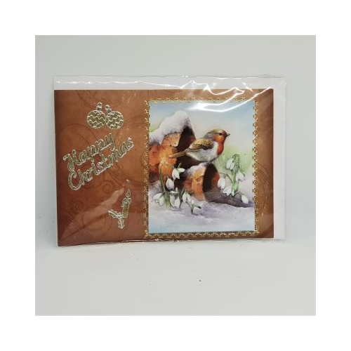 robin on a pot with snowdrops christmas card hand made