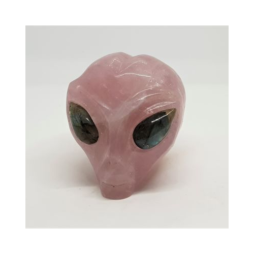 rose quartz alien skull with labradorite eyes