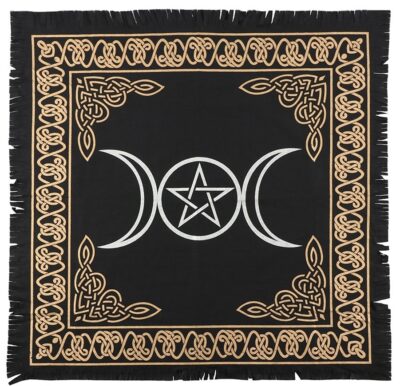 black altar cloth with white triple moon and gold celtic border