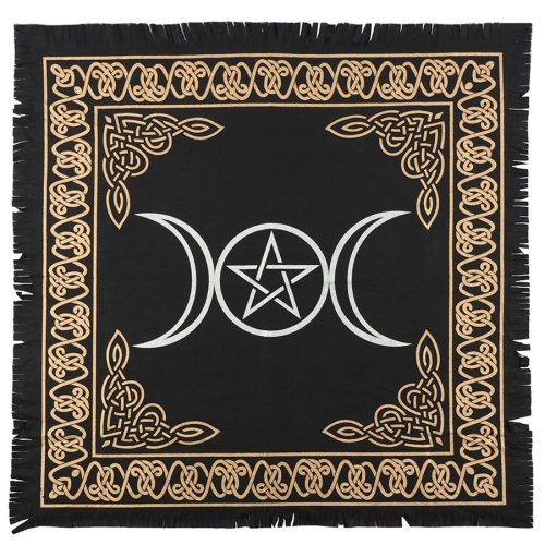 black altar cloth with white triple moon and gold celtic border