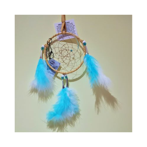 native american made dreamcatcher with turquoise and white feathers