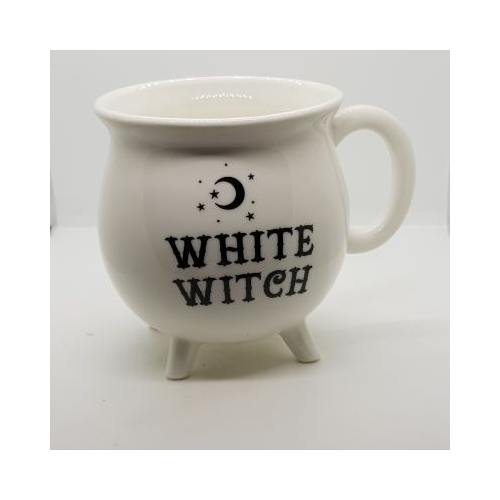cauldron shaped white mug with black words White witch and crescent moon