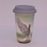 ceramic angel travel mug lid on