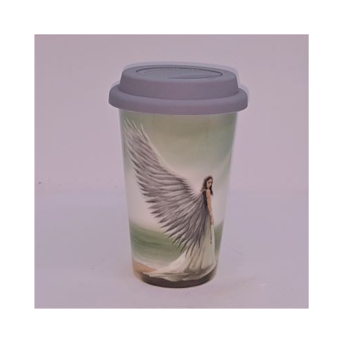 ceramic angel travel mug lid on
