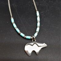 native american made silver and turquoise bear necklace