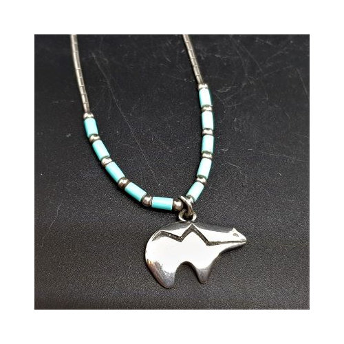 native american made silver and turquoise bear necklace