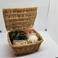 basket with scrunchie soap bath bomb and himalayan salt
