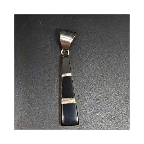 native american made long rectangular silver pendant set with black onyx and opal