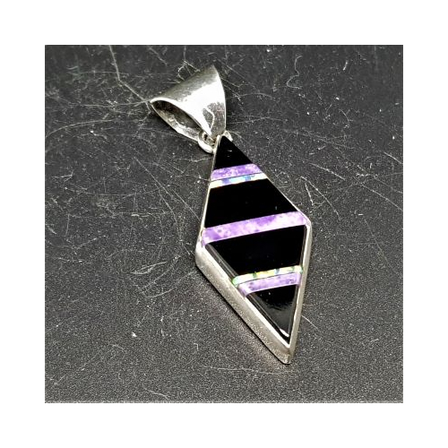 native american made silver diamond shaped pendant set with black onyx charoite and opal