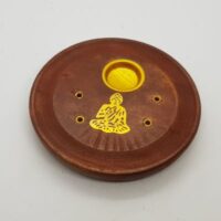 round wooden incense stick and cone dish with brass buddha design