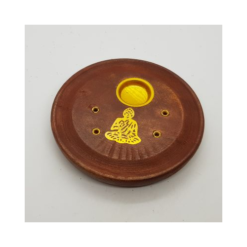 round wooden incense stick and cone dish with brass buddha design