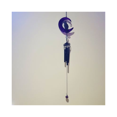 cat sitting in a crescent moon windchime 2